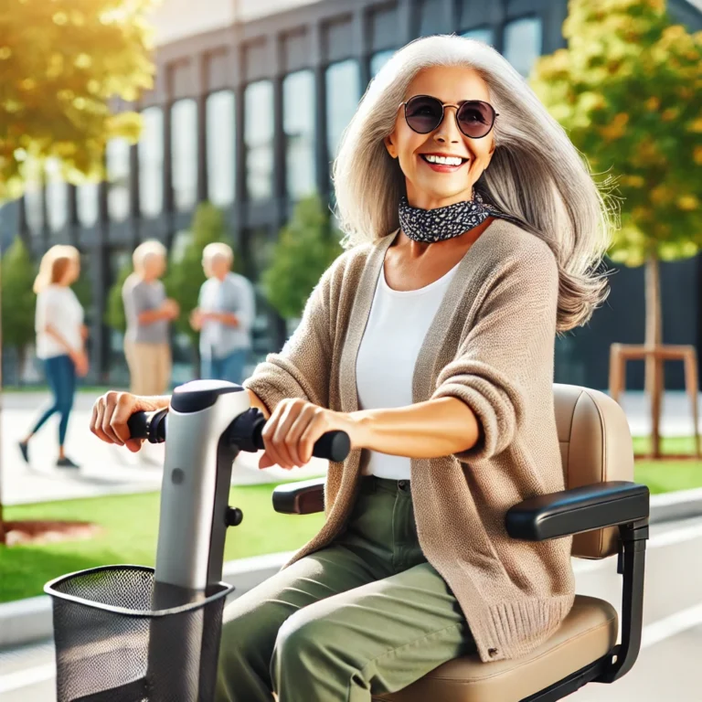 grey haired happy woman on mobility scooter