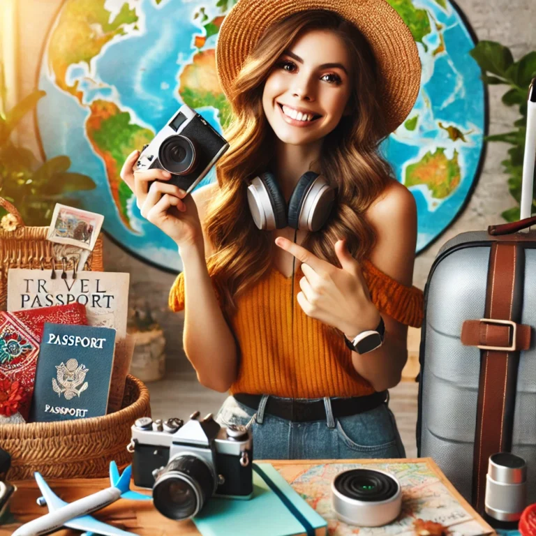 A cheerful young woman surrounded by travel-related gifts, including a travel backpack, passport, luggage, camera, travel journal, noise-canceling headphones, and a world map. The setting conveys a sense of adventure, wanderlust, and excitement about traveling, showcasing ideal gifts for a travel enthusiast