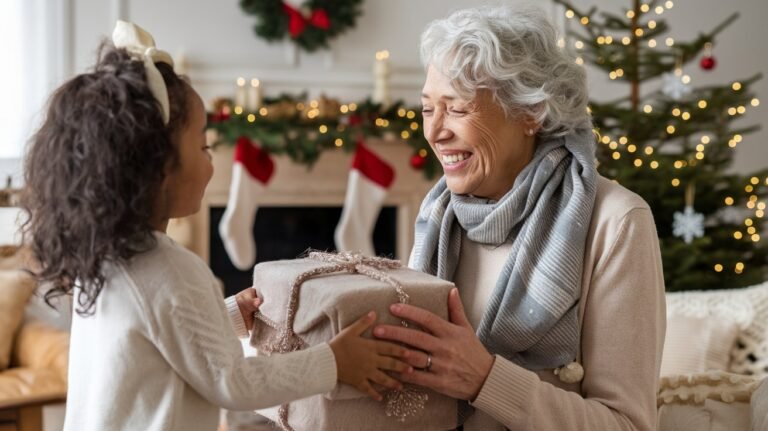 A joyful grandmother receiving a Christmas gift from her young granddaughter in a cozy, festive living room with a decorated Christmas tree and stockings in the background.