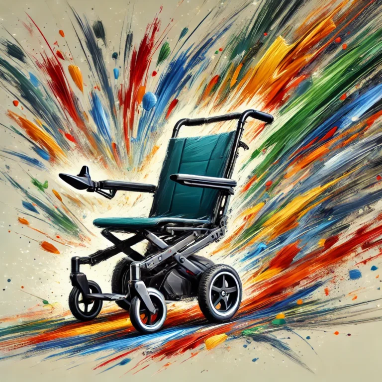 compact and foldable transport wheelchair with a vibrant, stylized design.