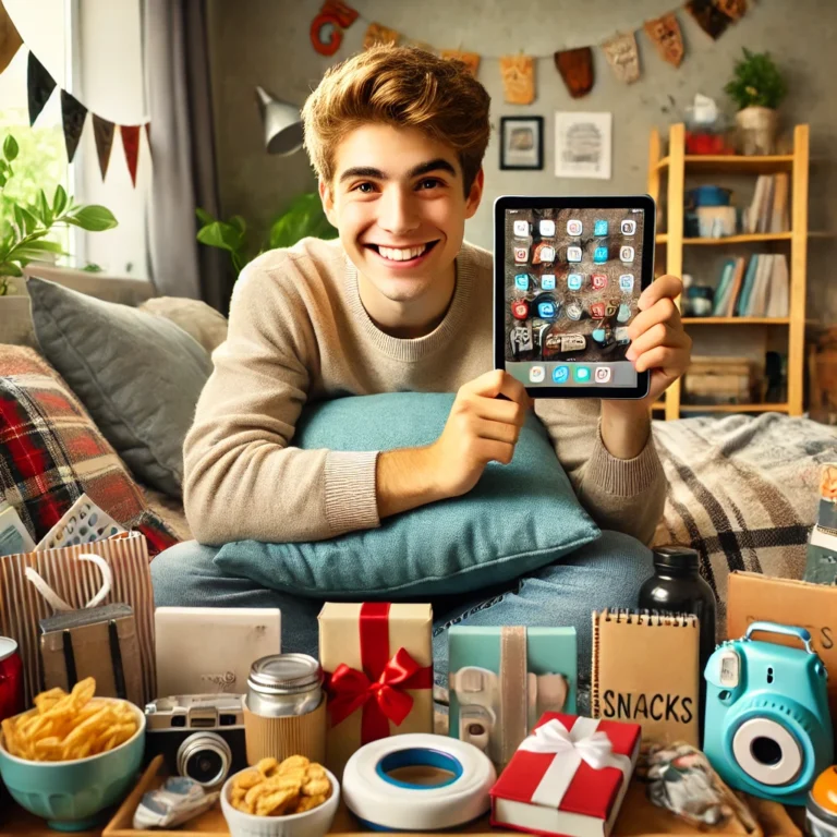 A cheerful college student sitting in a cozy dorm room, surrounded by tech gadgets, cozy bedding, snacks, and organizational tools. The scene captures a vibrant and welcoming atmosphere, showcasing a variety of cool items that are ideal for enhancing the college lifestyle.