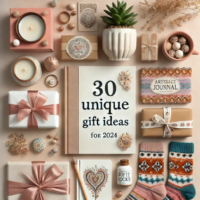 A flat lay of pastel-toned gifts including a candle, journal, mug, succulent, socks, and bracelet on a cream background