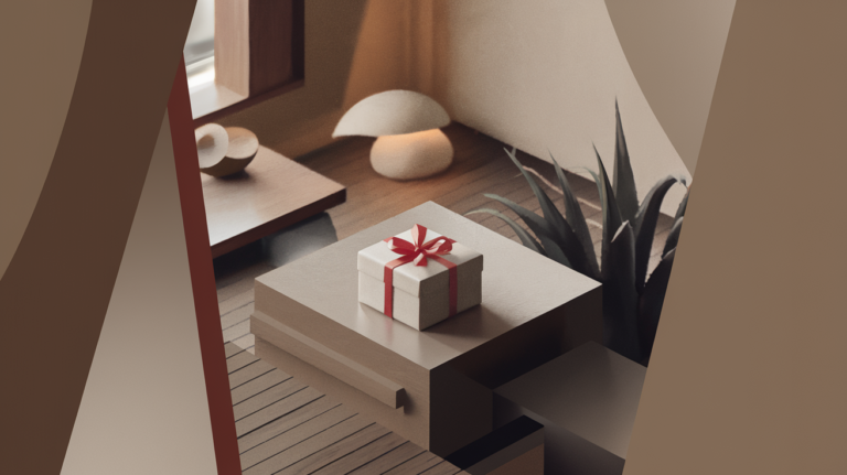 Minimalistic room with one gift wrapped in red ribbon.